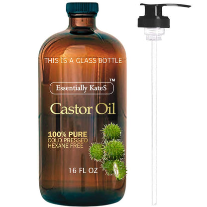 Essentially KateS Castor Oil 16 Fl Oz (Glass Bottle) - Original - A Huge Glass Bottle with a Pump - 100% Pure and Natural - PrimeBioHealth - canada supplements
