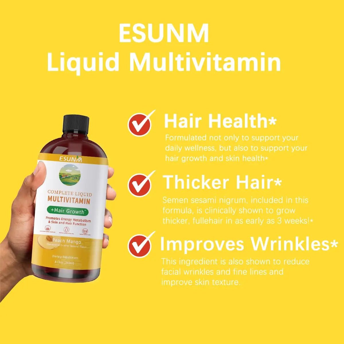 ESUNM Complete Liquid Multivitamin + Hair Growth, Promotes Energy Metabolism& Skin and Hair Function| Vitamin C D | B Vitamins | - PrimeBioHealth - canada supplements