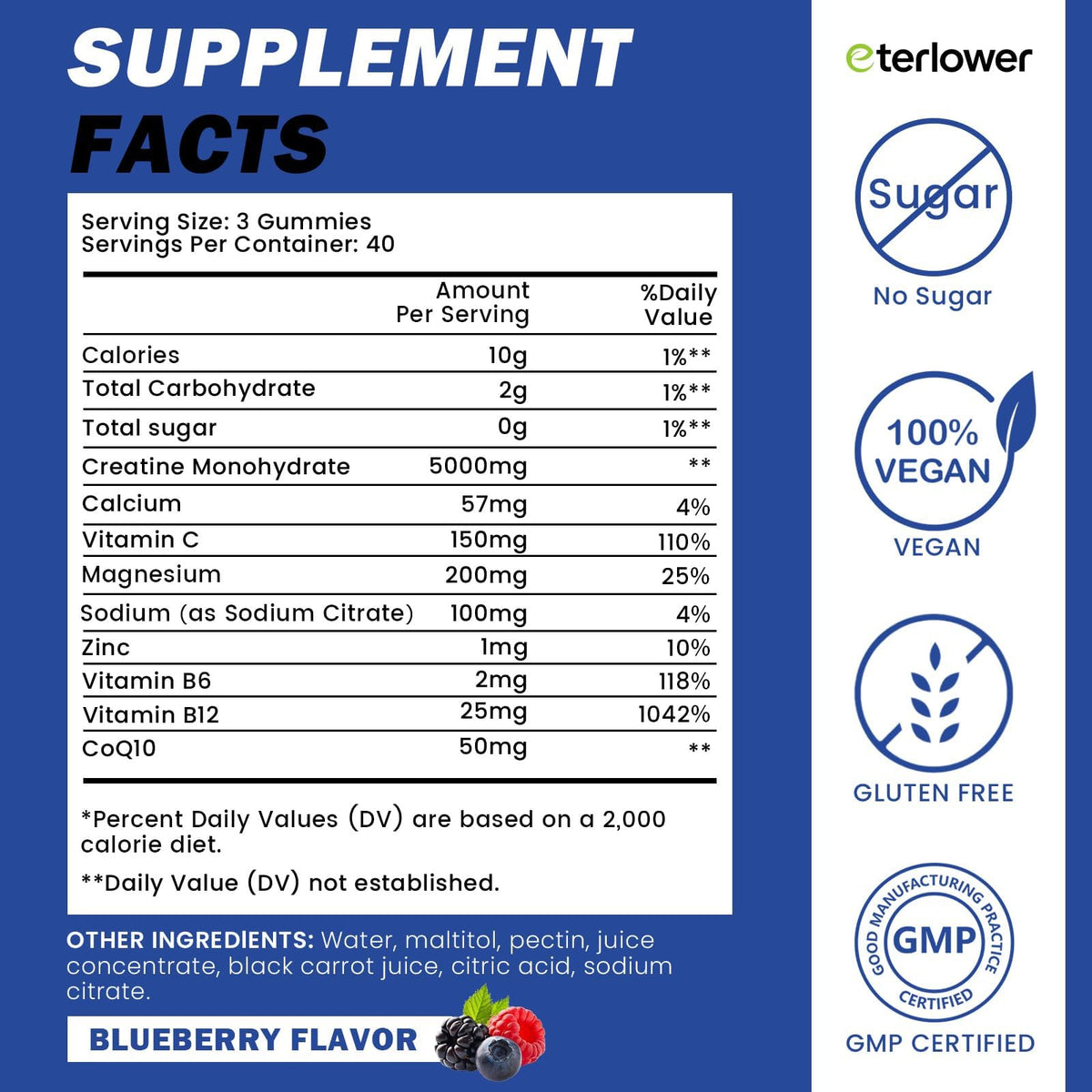 eterlower Creatine Monohydrate Gummies 5g – Pre-Workout Energy & Muscle Growth Support for Men & Women | Blueberry Electrolyte Gummies, 120 Count - PrimeBioHealth - canada supplements