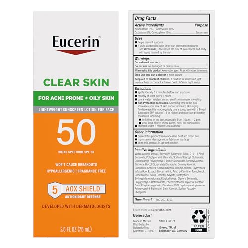 Eucerin Sun Clear Skin Face Sunscreen Lotion SPF 50 for Acne Prone and Oily Skin, Lightweight Sunscreen with Oil-Absorbing Minerals - PrimeBioHealth - canada supplements