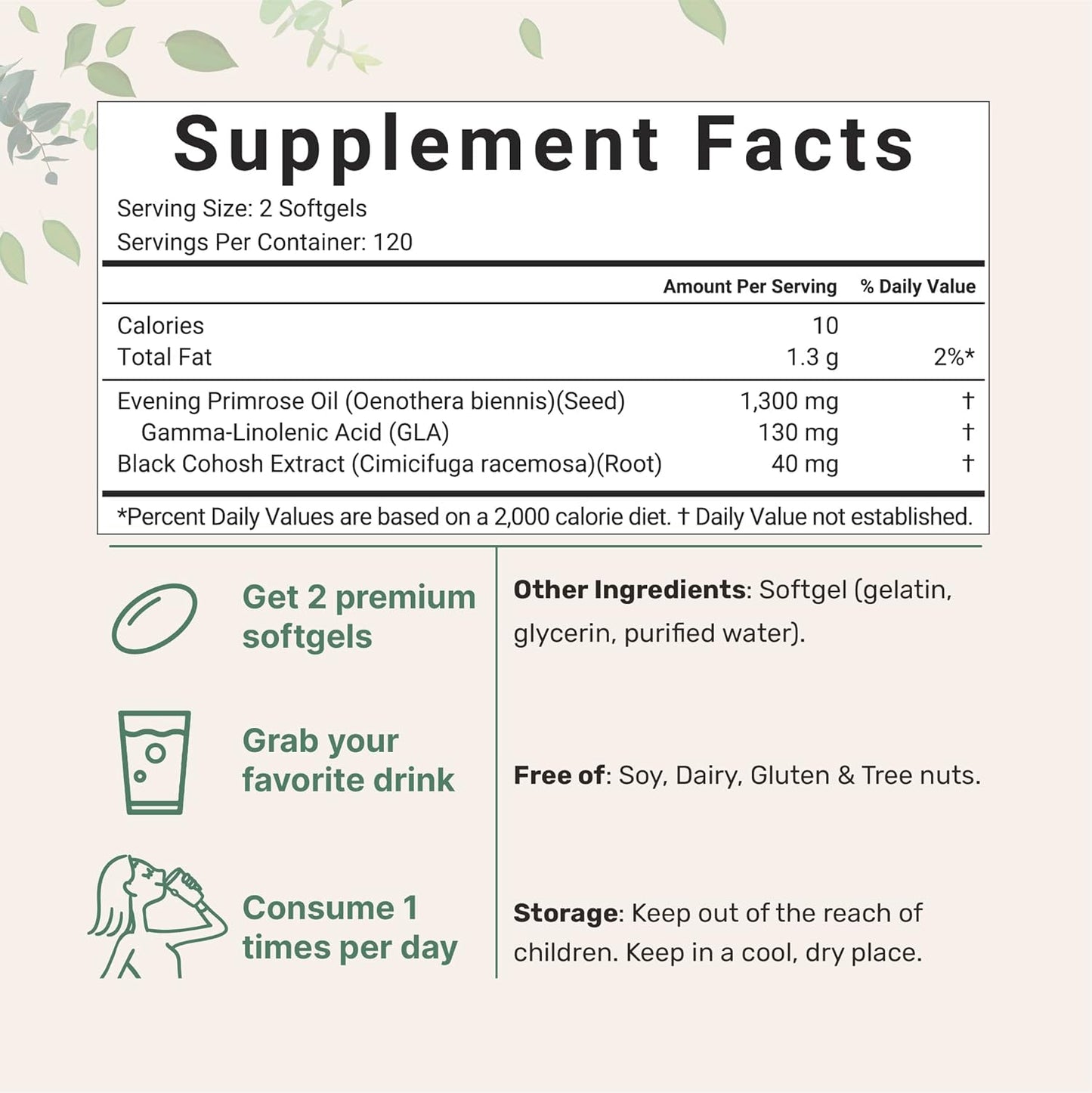Evening Primrose Oil 1300mg Per Serving, 240 Softgels | Enhanced with 40mg Black Cohosh Extract, Cold Pressed – 10% Active GLA, Non-GMO, No Gluten, Easy to Swallow - PrimeBioHealth - canada supplements
