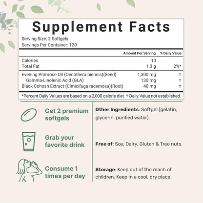 Evening Primrose Oil 1300mg Per Serving, 240 Softgels | Enhanced with 40mg Black Cohosh Extract, Cold Pressed – 10% Active GLA, Non-GMO, No Gluten, Easy to Swallow - PrimeBioHealth - canada supplements