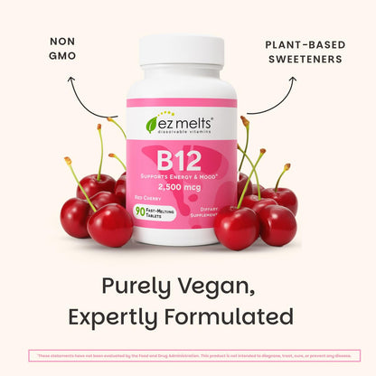 EZ Melts Dissolvable B12 2,500 mcg - Vitamin B12 for Energy & Immune Support - Non-GMO, Vegan & Gluten-Free - PrimeBioHealth - canada supplements