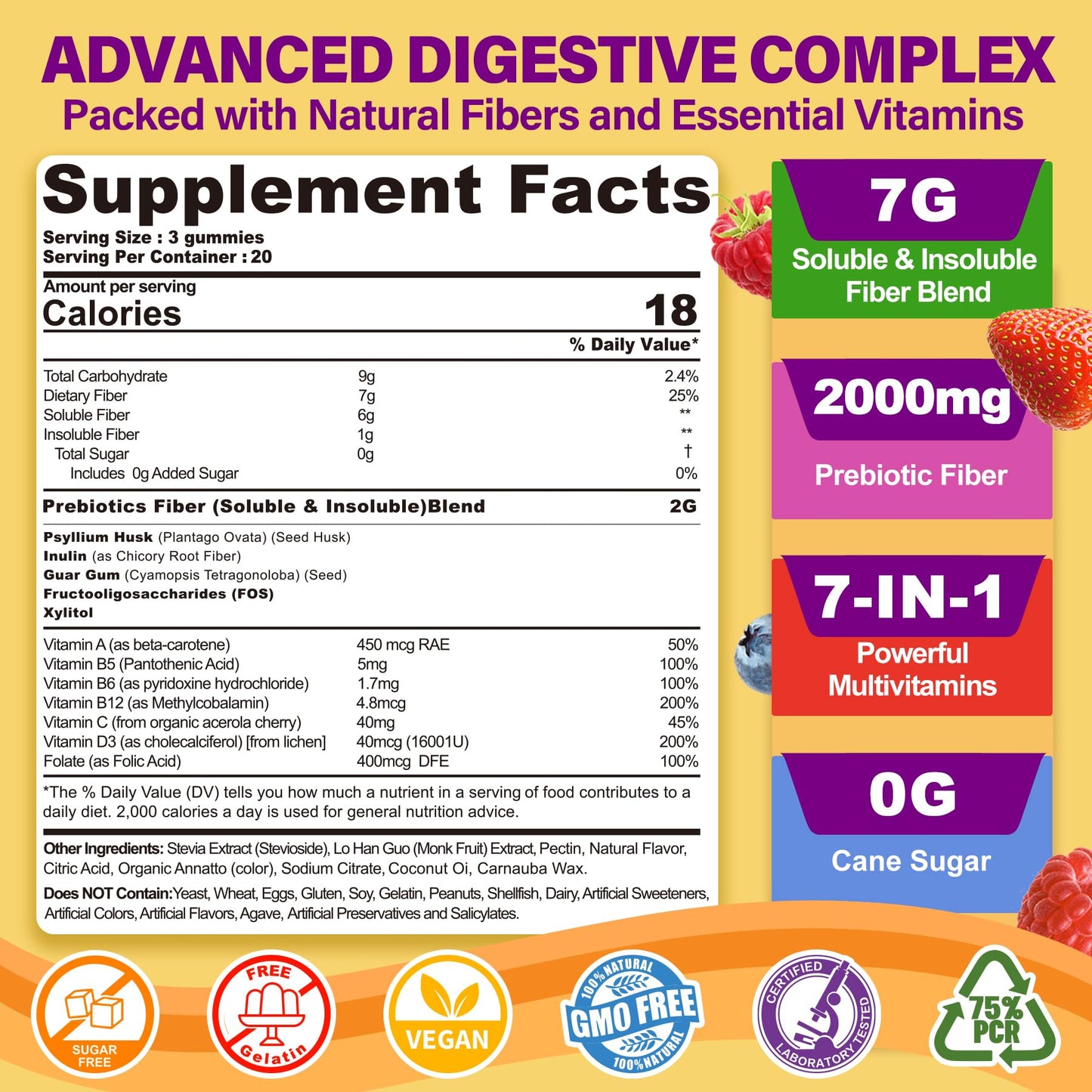 Fiber Gummies for Adults with Psyllium Husk, 7G(Soluble + Insoluble) Daily Prebiotic Fiber with Inulin, FOS, Guar Gum, Multivitamins for Daily Digestive Health, - PrimeBioHealth - canada supplements
