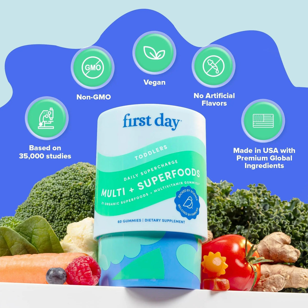 FIRST DAY Toddler Multivitamin Gummies (Ages 2-3)| Kids Multivitamin Gummies with Vitamins A C D3, B2, B12, Choline, Folate and 21 Organic Superfoods| (30 Day Supply) - PrimeBioHealth - canada supplements