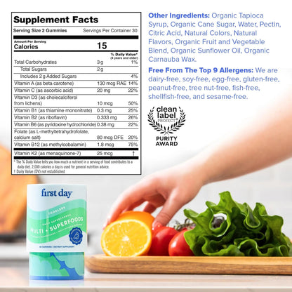 FIRST DAY Toddler Multivitamin Gummies (Ages 2-3)| Kids Multivitamin Gummies with Vitamins A C D3, B2, B12, Choline, Folate and 21 Organic Superfoods| (30 Day Supply) - PrimeBioHealth - canada supplements