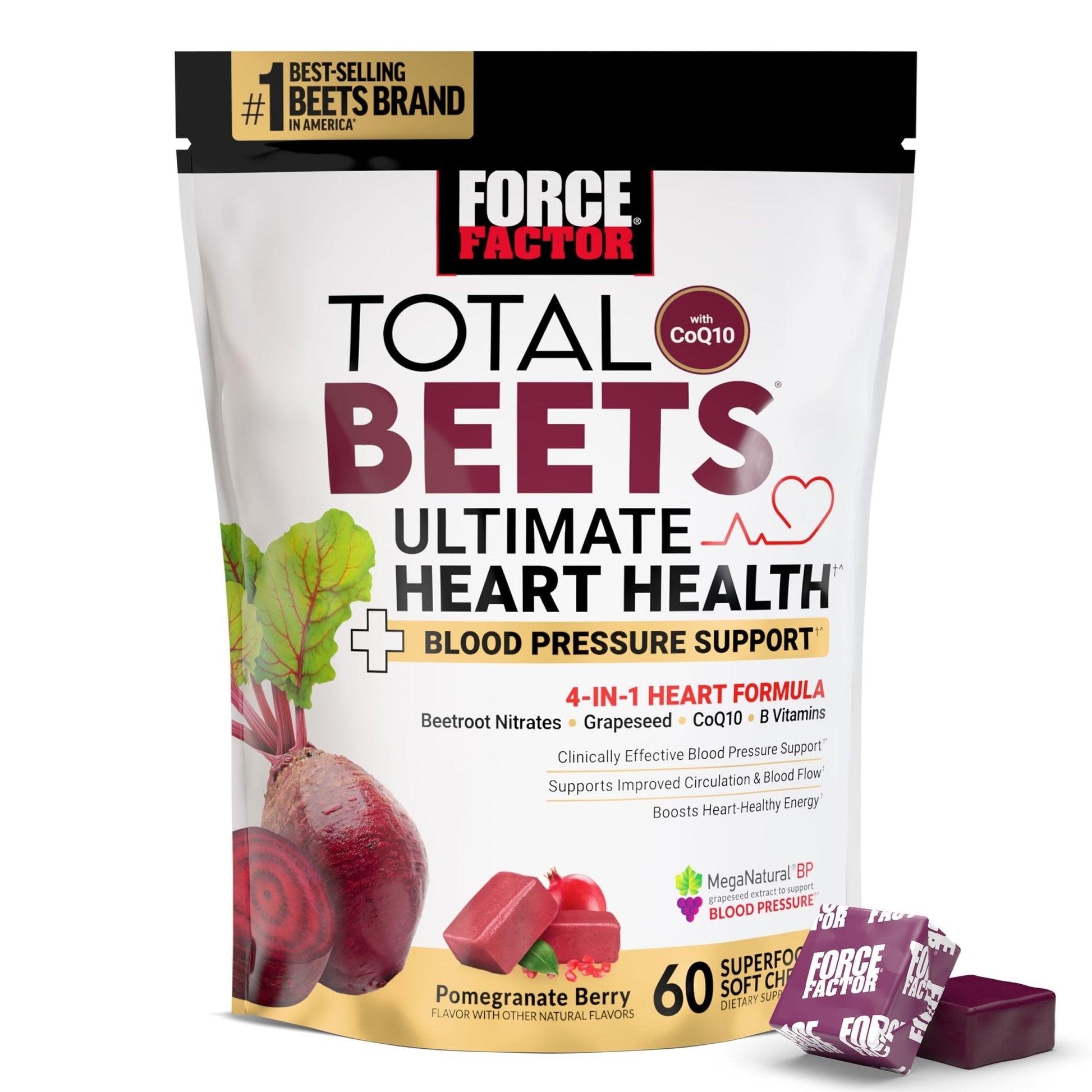 Force Factor Total Beets Ultimate Heart Health Chews for Blood Pressure Support, with Beetroot Powder, CoQ10, B Vitamins & Grapeseed Extract for Blood Flow & Energy - PrimeBioHealth - canada supplements
