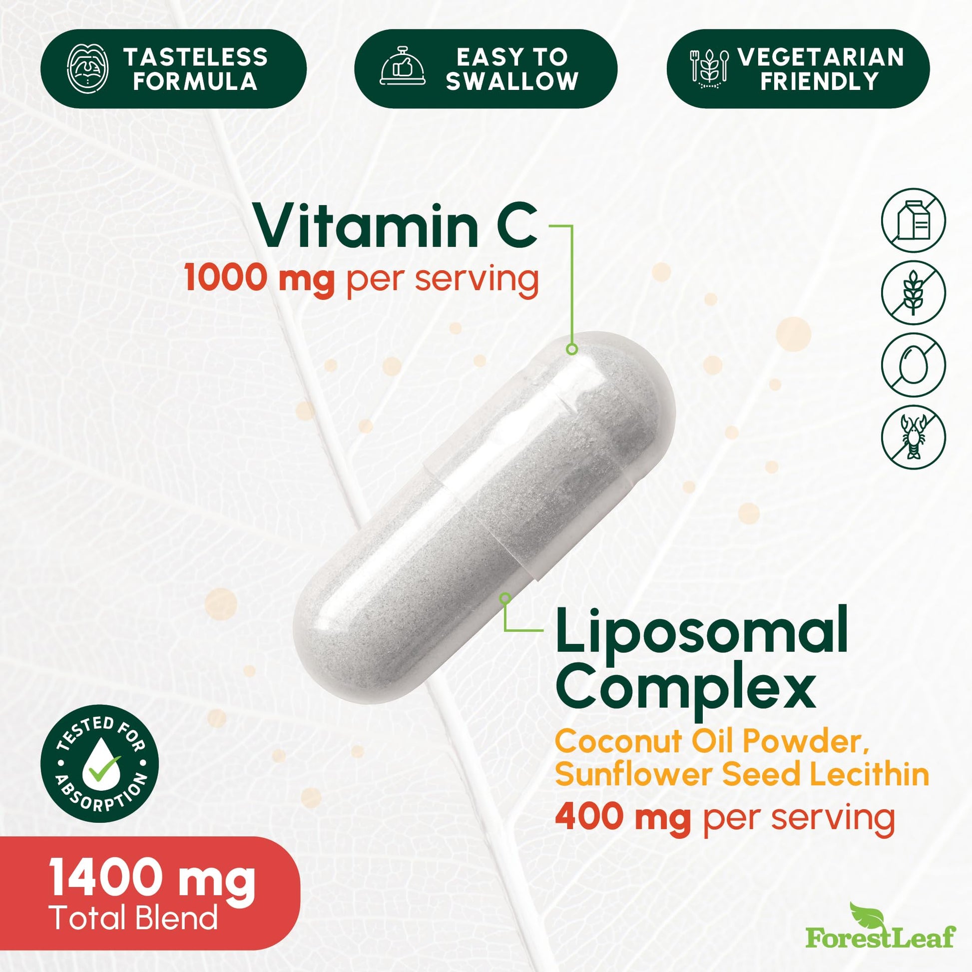 ForestLeaf Liposomal Vitamin C 1400mg Capsules | High Dose Vitamin C Liposomal Supplement w Coconut Oil Fatty Acids | Fast Absorption | Immune Support, Antioxidant, - PrimeBioHealth - canada supplements