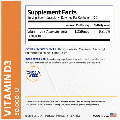 ForestLeaf Vitamin D3 50,000 IU | VIT D - Kosher VIT D3 Vitamin D Supplement for Women and Men | Bone Health, Teeth, Immune Support - PrimeBioHealth - canada supplements