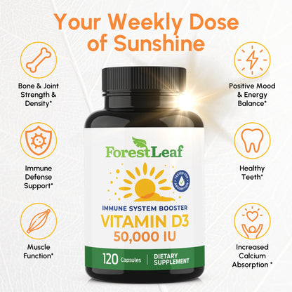 ForestLeaf Vitamin D3 50,000 IU | VIT D - Kosher VIT D3 Vitamin D Supplement for Women and Men | Bone Health, Teeth, Immune Support - PrimeBioHealth - canada supplements
