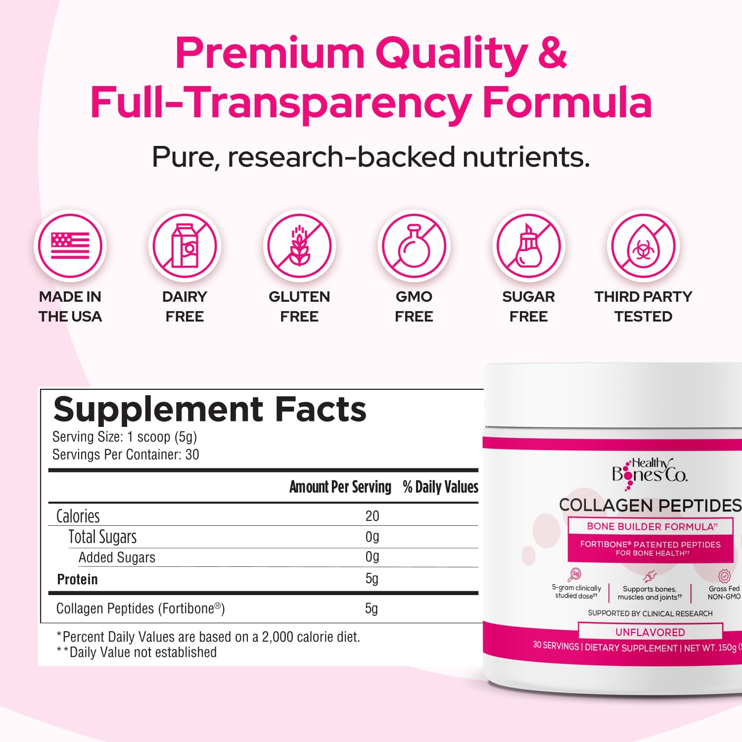 FORTIBONE Collagen Peptides Essential Bone Builder Hydrolyzed Collagen Powder for Women & Men, Clinically-Supported for Bone Strength & Density - PrimeBioHealth - canada supplements