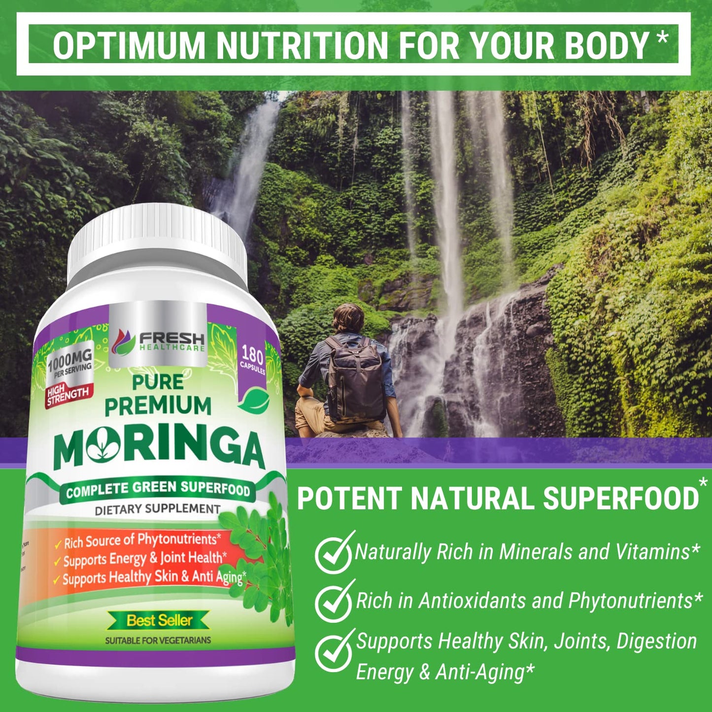 FRESH HEALTHCARE Moringa Capsules – 100% Pure Leaf Powder - 180 Pills, Non-GMO - 3 Month Supply - Complete Green Superfood for Energy - PrimeBioHealth - canada supplements