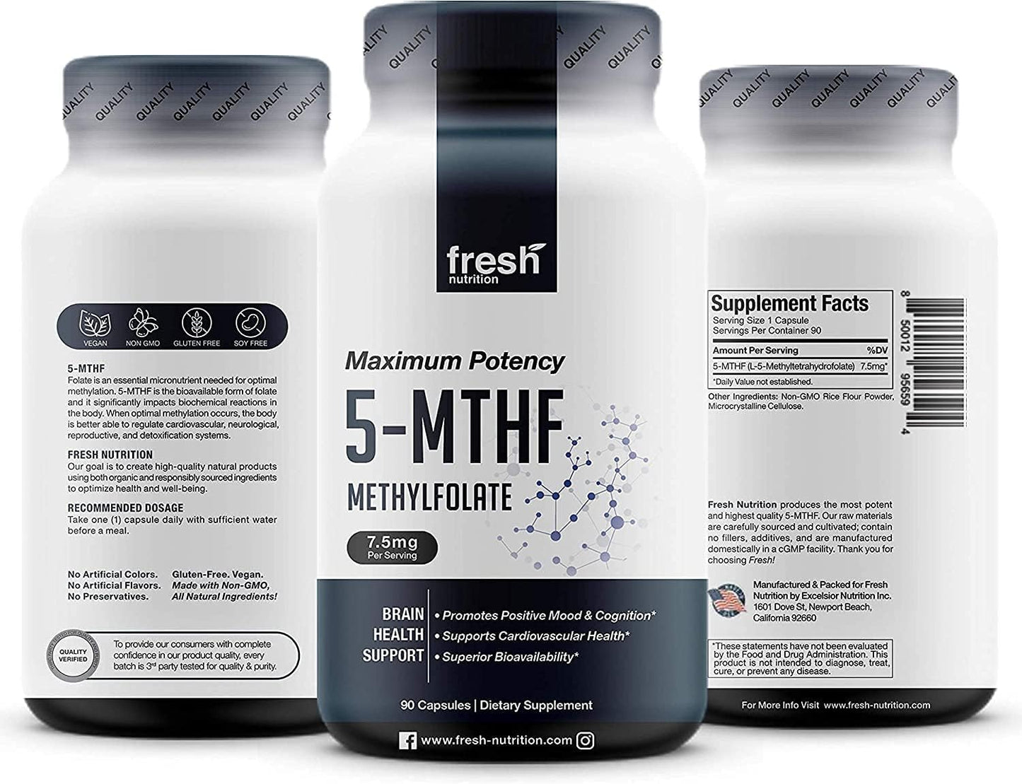 Fresh Nutrition L Methylfolate 7.5mg – DNA Verified for Maximum Potency – Superior Bioavailability – 5-MTHF Methyl Folate - 90 Capsules - PrimeBioHealth - canada supplements
