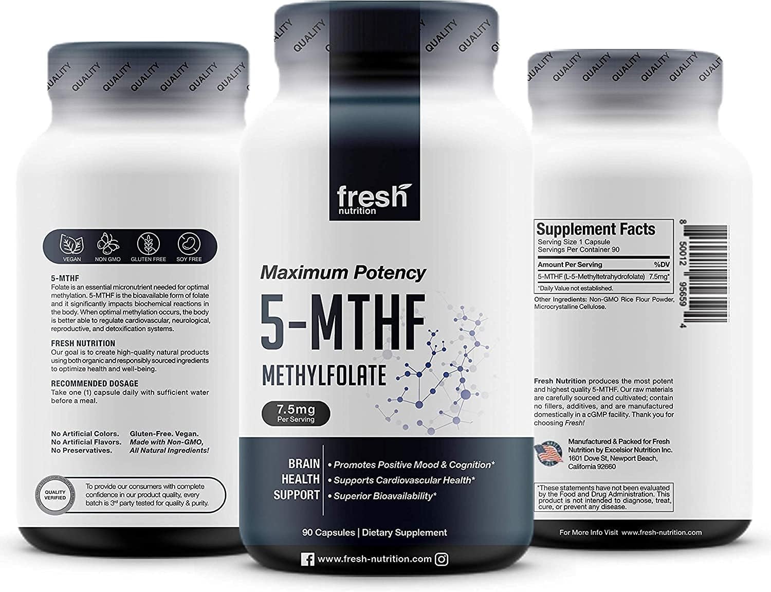 Fresh Nutrition L Methylfolate 7.5mg – DNA Verified for Maximum Potency – Superior Bioavailability – 5-MTHF Methyl Folate - 90 Capsules - PrimeBioHealth - canada supplements