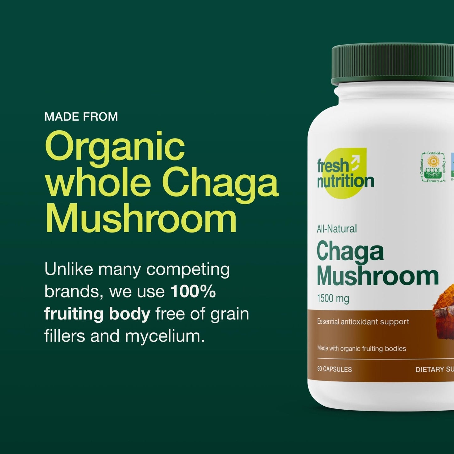 Fresh Nutrition Organic Chaga Mushrooms – Strongest DNA Verified 1500mg Per Serving – High in Fiber – Non GMO, Gluten & Soy Free, Vegan Friendly - PrimeBioHealth - canada supplements