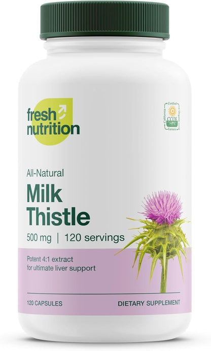 Fresh Nutrition Organic Milk Thistle Supplement - Potent Strength – 4 Month Supply – Silymarin Thistle Seed Standardized Extract 4:1 - Made in The USA - 120 Capsules - PrimeBioHealth - canada supplements