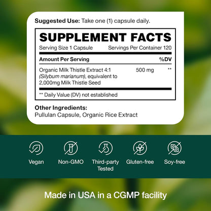 Fresh Nutrition Organic Milk Thistle Supplement - Potent Strength – 4 Month Supply – Silymarin Thistle Seed Standardized Extract 4:1 - Made in The USA - 120 Capsules - PrimeBioHealth - canada supplements