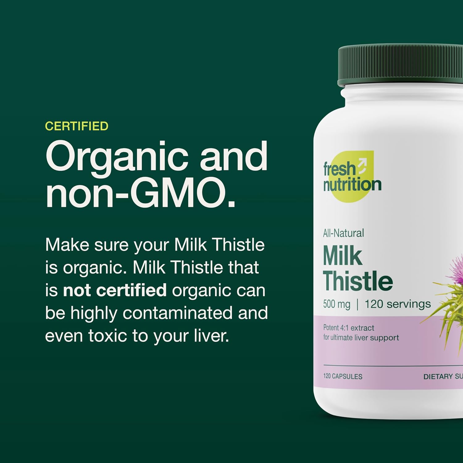 Fresh Nutrition Organic Milk Thistle Supplement - Potent Strength – 4 Month Supply – Silymarin Thistle Seed Standardized Extract 4:1 - Made in The USA - 120 Capsules - PrimeBioHealth - canada supplements
