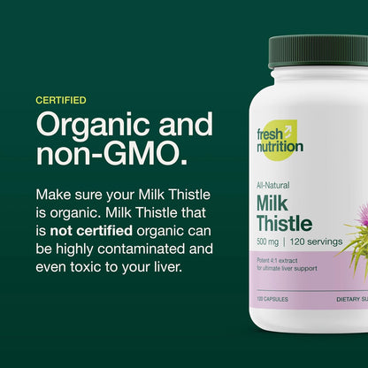 Fresh Nutrition Organic Milk Thistle Supplement - Potent Strength – 4 Month Supply – Silymarin Thistle Seed Standardized Extract 4:1 - Made in The USA - 120 Capsules - PrimeBioHealth - canada supplements