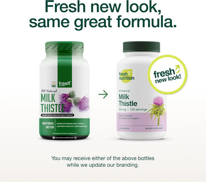 Fresh Nutrition Organic Milk Thistle Supplement - Potent Strength – 4 Month Supply – Silymarin Thistle Seed Standardized Extract 4:1 - Made in The USA - 120 Capsules - PrimeBioHealth - canada supplements