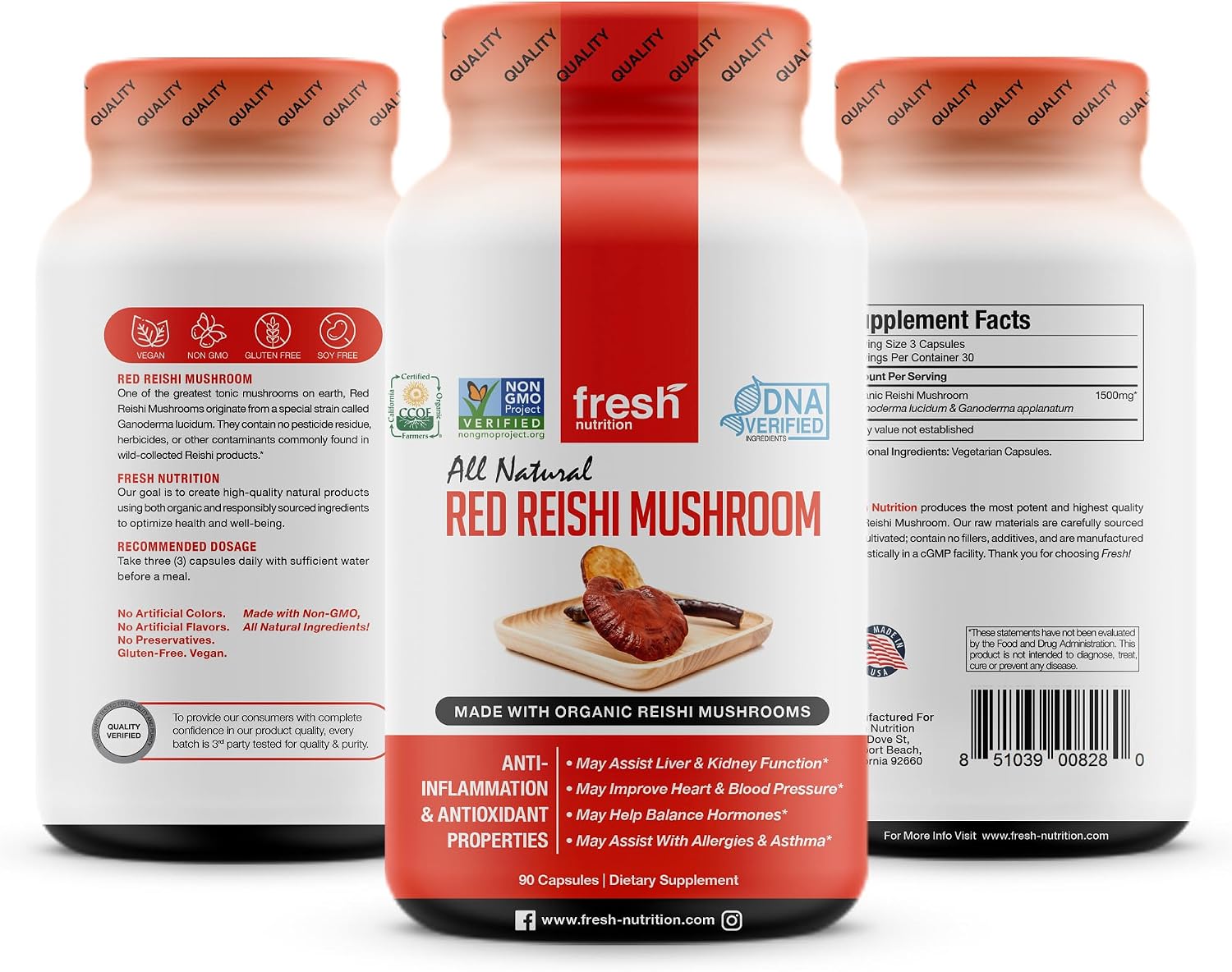Fresh Nutrition Organic Reishi Mushroom Capsules - Rich in Alpha Glucan - Ganoderma Lucidum & Ganoderma Applanatim - Third Party Tested - 90 Capsules/Pills - PrimeBioHealth - canada supplements