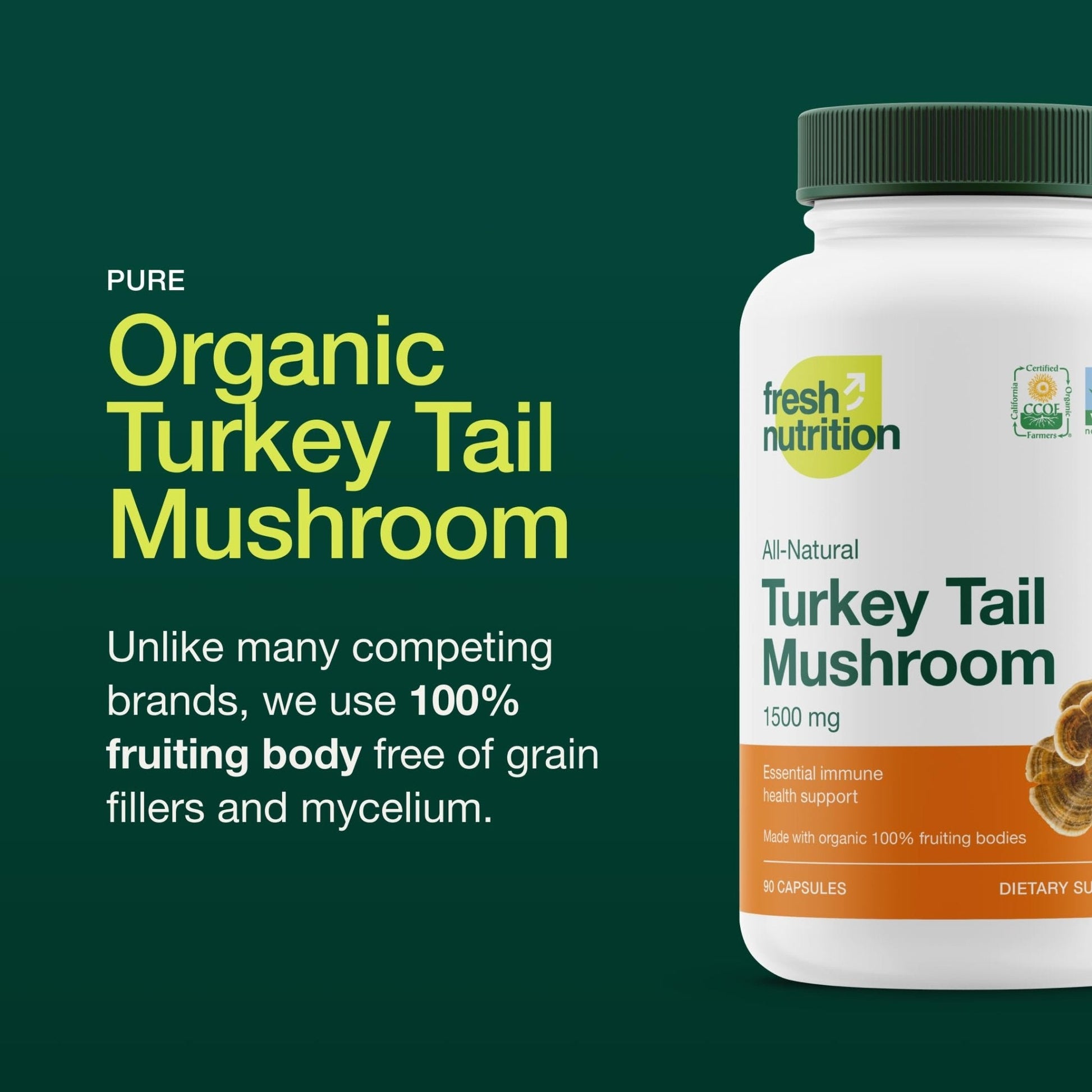 Fresh Nutrition Organic Turkey Tail Mushroom Extract Supplement - High in Beta Glucans – Non-GMO, Vegan Friendly, Gluten-Free - 90 Capsules - PrimeBioHealth - canada supplements