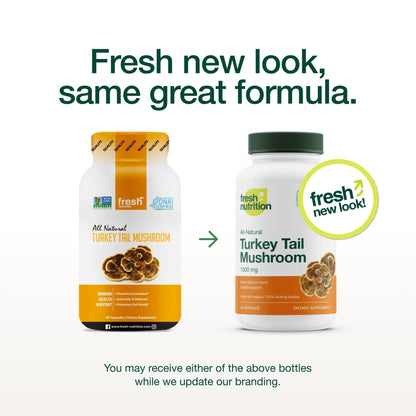 Fresh Nutrition Organic Turkey Tail Mushroom Extract Supplement - High in Beta Glucans – Non-GMO, Vegan Friendly, Gluten-Free - 90 Capsules - PrimeBioHealth - canada supplements