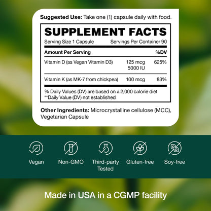Fresh Nutrition Vegan Vitamin D3 + K2 Capsules - 5000 IU D3 + 100mcg K2 as MK-7 for Optimal Absorption - Immune Health, Bone Health, Mood - Non GMO - 90 Capsules, 3 Month Supply - PrimeBioHealth - canada supplements