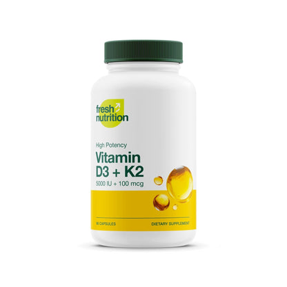 Fresh Nutrition Vegan Vitamin D3 + K2 Capsules - 5000 IU D3 + 100mcg K2 as MK-7 for Optimal Absorption - Immune Health, Bone Health, Mood - Non GMO - 90 Capsules, 3 Month Supply - PrimeBioHealth - canada supplements