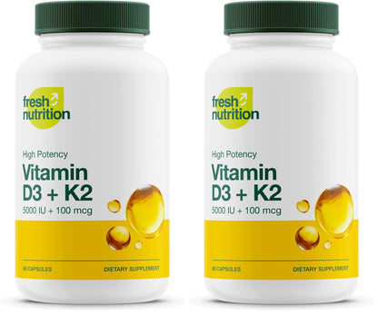 Fresh Nutrition Vegan Vitamin D3 + K2 Capsules - 5000 IU D3 + 100mcg K2 as MK-7 for Optimal Absorption - Immune Health, Bone Health, Mood - Non GMO - 90 Capsules, 3 Month Supply - PrimeBioHealth - canada supplements