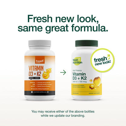 Fresh Nutrition Vegan Vitamin D3 + K2 Capsules - 5000 IU D3 + 100mcg K2 as MK-7 for Optimal Absorption - Immune Health, Bone Health, Mood - Non GMO - 90 Capsules, 3 Month Supply - PrimeBioHealth - canada supplements