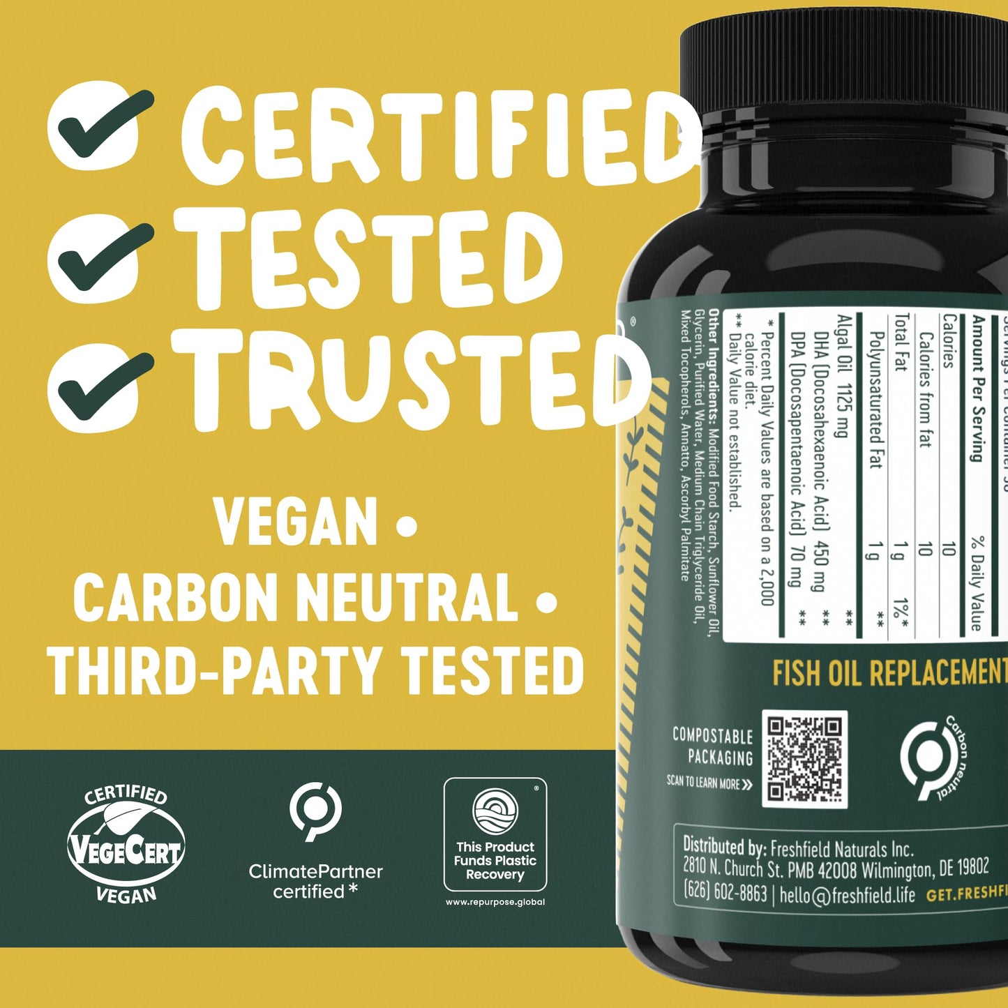 Freshfield Vegan Omega 3, Algae (Algal) Oil, Fish Oil Free Company, Third Party Tested, Carrageenan Free, DHA Supplement w/DPA - PrimeBioHealth - canada supplements