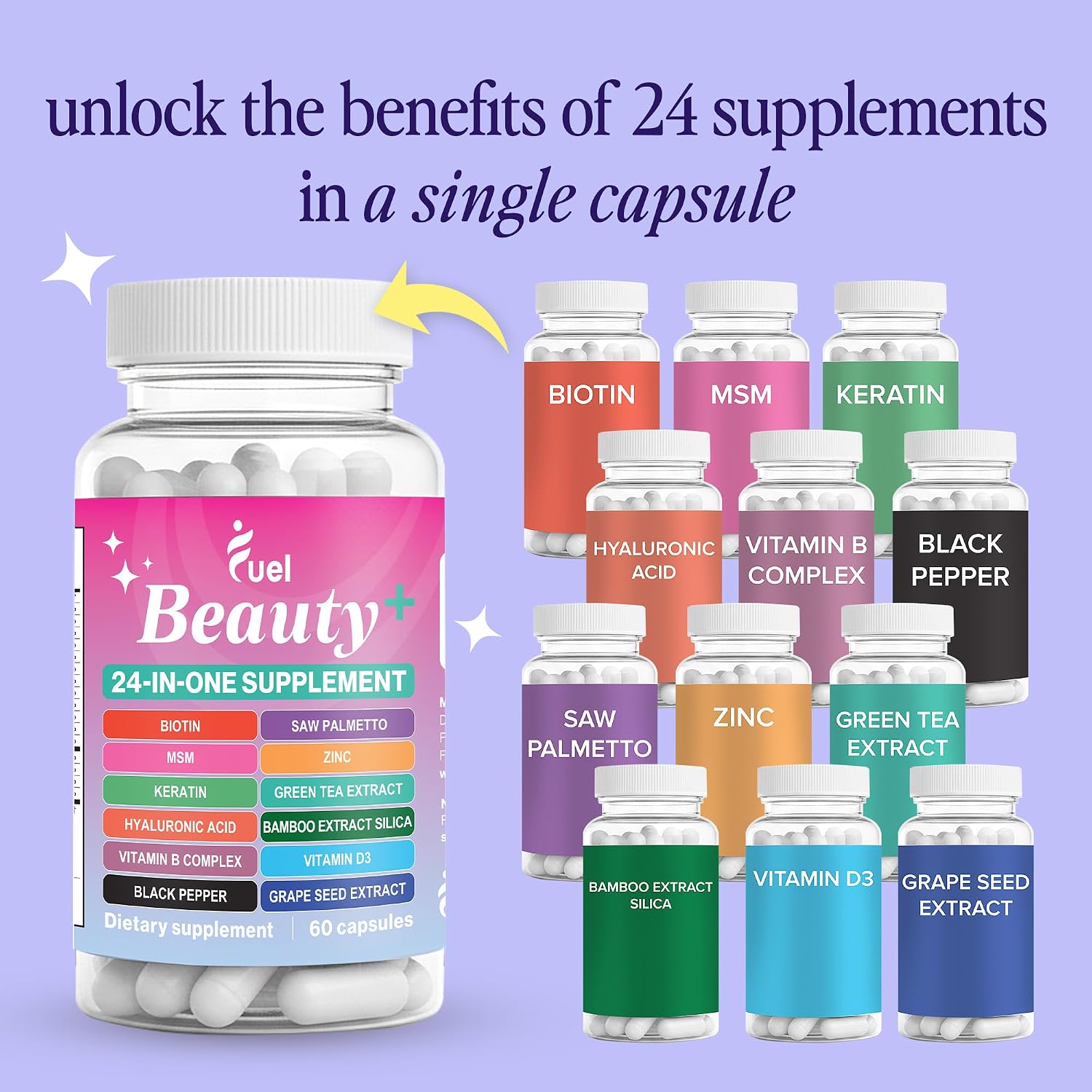 Fuel Beauty+ 24-in-1 Hair, Skin & Nails Vitamins for Women – 5000mcg Biotin, Hyaluronic Acid & Saw Palmetto – Daily Multivitamin for Hair Growth, Nail Strength & Skin Glow – 60 Capsules - PrimeBioHealth - canada supplements
