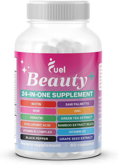 Fuel Beauty+ 24-in-1 Hair, Skin & Nails Vitamins for Women – 5000mcg Biotin, Hyaluronic Acid & Saw Palmetto – Daily Multivitamin for Hair Growth, Nail Strength & Skin Glow – 60 Capsules - PrimeBioHealth - canada supplements