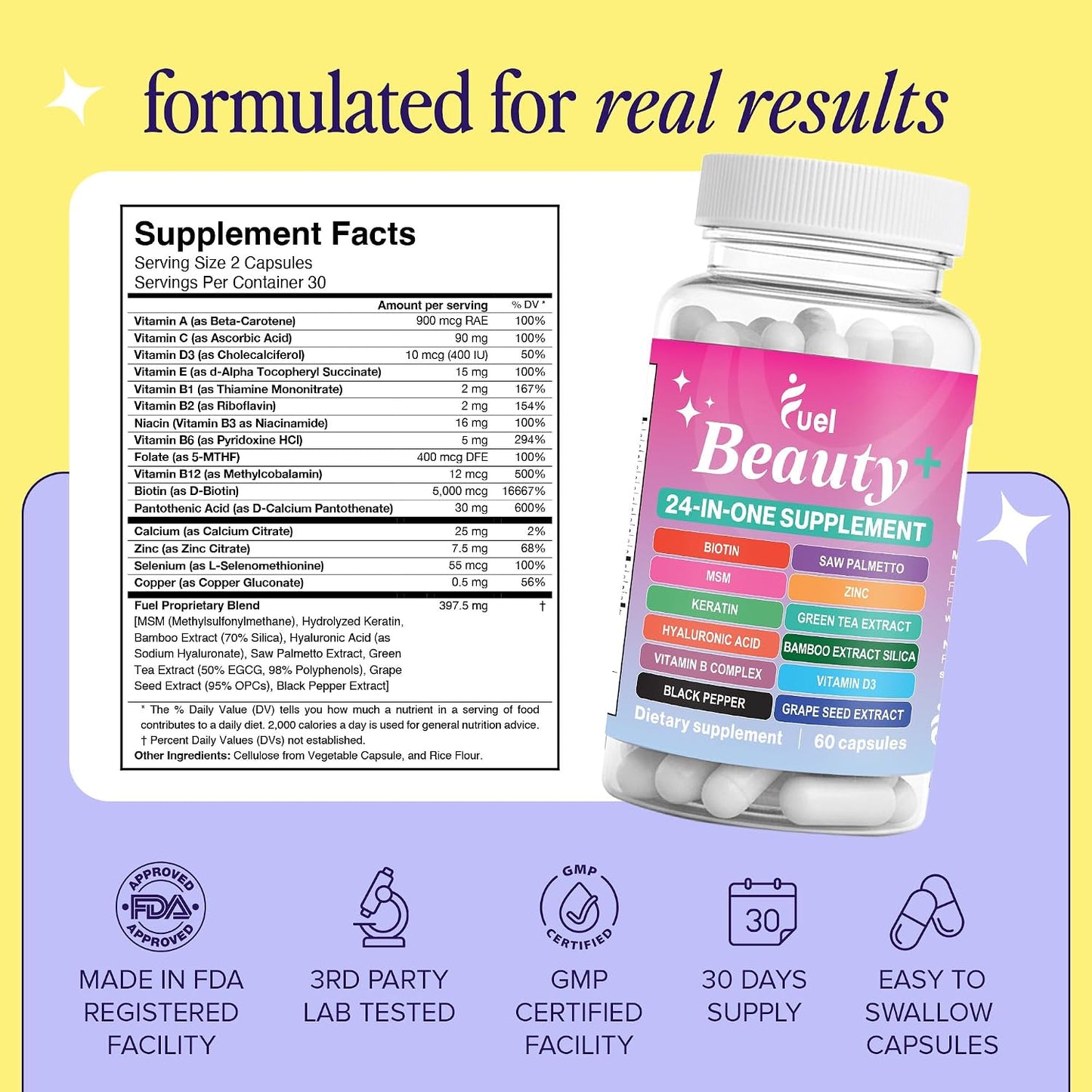 Fuel Beauty+ 24-in-1 Hair, Skin & Nails Vitamins for Women – 5000mcg Biotin, Hyaluronic Acid & Saw Palmetto – Daily Multivitamin for Hair Growth, Nail Strength & Skin Glow – 60 Capsules - PrimeBioHealth - canada supplements