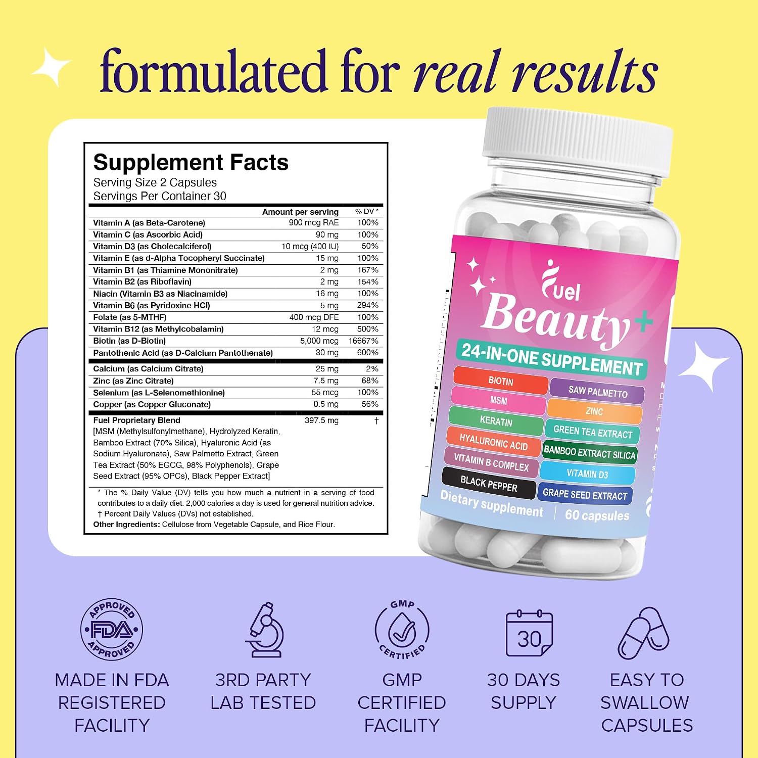Fuel Beauty+ 24-in-1 Hair, Skin & Nails Vitamins for Women – 5000mcg Biotin, Hyaluronic Acid & Saw Palmetto – Daily Multivitamin for Hair Growth, Nail Strength & Skin Glow – 60 Capsules - PrimeBioHealth - canada supplements