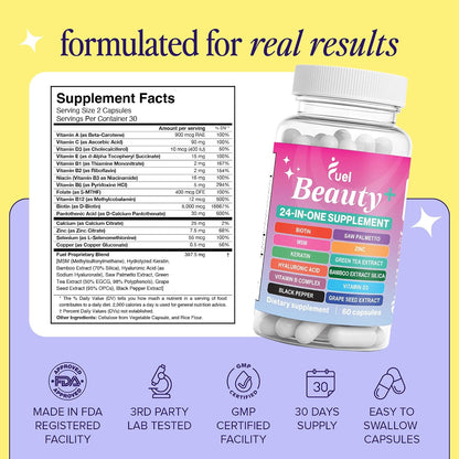 Fuel Beauty+ 24-in-1 Hair, Skin & Nails Vitamins for Women – 5000mcg Biotin, Hyaluronic Acid & Saw Palmetto – Daily Multivitamin for Hair Growth, Nail Strength & Skin Glow – 60 Capsules - PrimeBioHealth - canada supplements