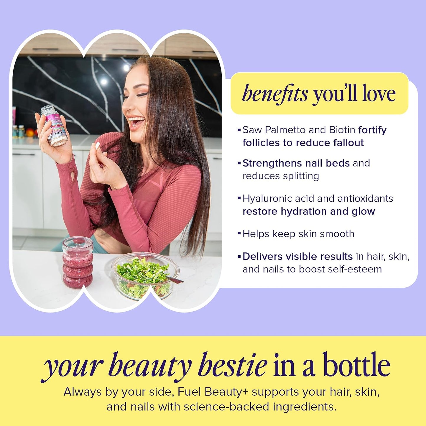 Fuel Beauty+ 24-in-1 Hair, Skin & Nails Vitamins for Women – 5000mcg Biotin, Hyaluronic Acid & Saw Palmetto – Daily Multivitamin for Hair Growth, Nail Strength & Skin Glow – 60 Capsules - PrimeBioHealth - canada supplements