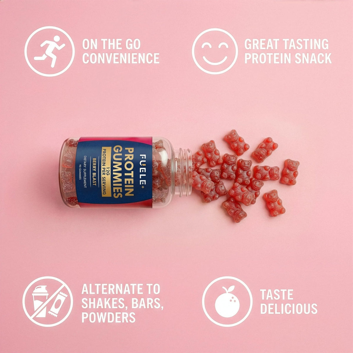 FUELE+ Protein Gummies – 12g High Protein Snack, Mixed Berry Flavor, No Added Sugar, Whey Protein Gummies, Supports Muscle Recovery, Post Workout Supplement - PrimeBioHealth - canada supplements