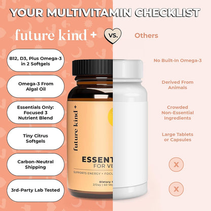 Future Kind 3 in 1 Daily Multivitamin - for Energy, Clarity, Active Wellness Support with B12, D3, and Algal Omega-3 - Essential Vegan Multivitamin for Women & Men - Tiny Citrus Softgels (60 Count) - PrimeBioHealth - canada supplements