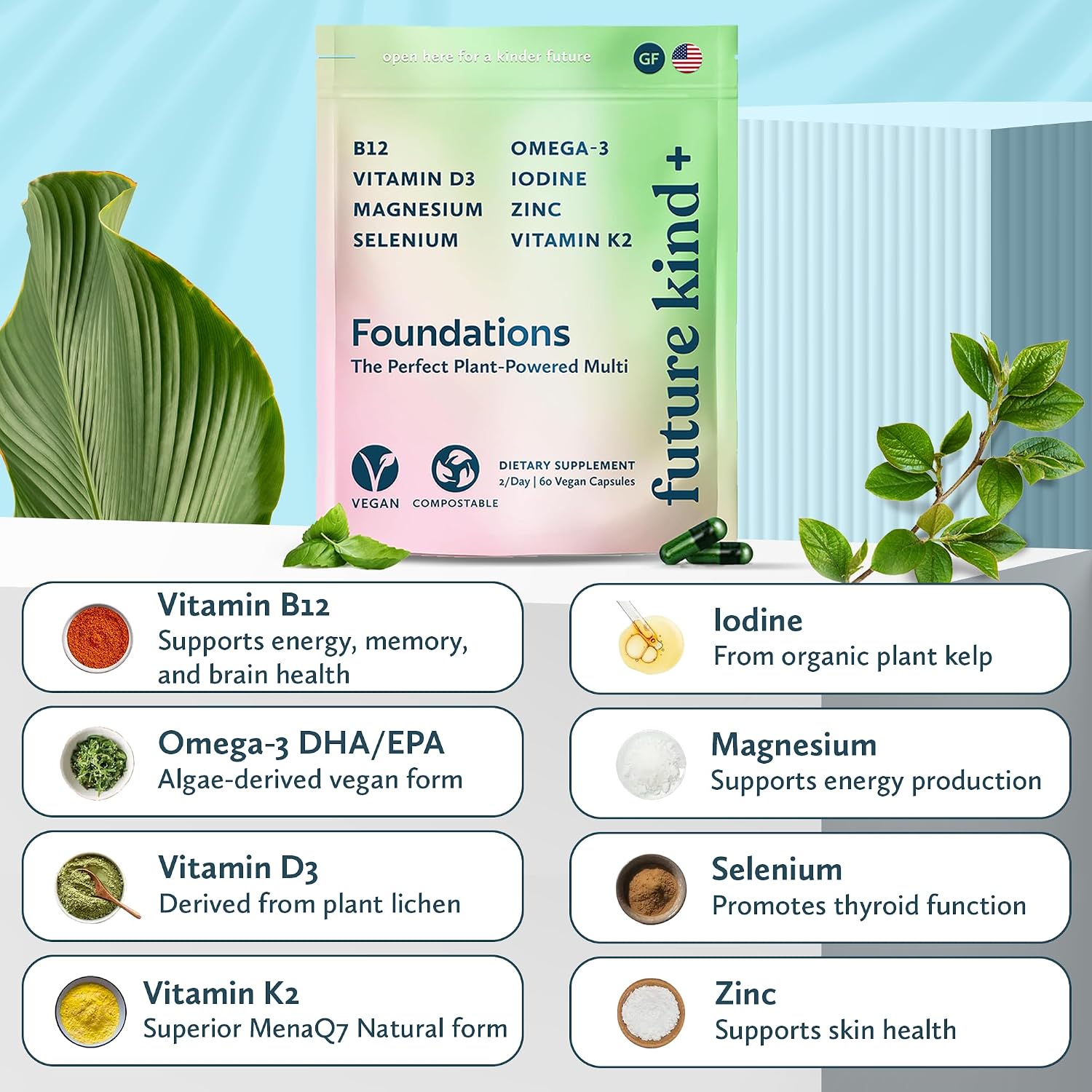 Future Kind Carrageenan-Free Foundations Multivitamin for Women & Men with Omega-3, B12, D3, Zinc, Iodine, Magnesium, K2 & Selenium, Vegan, Compostable Bag (60ct) - PrimeBioHealth - canada supplements