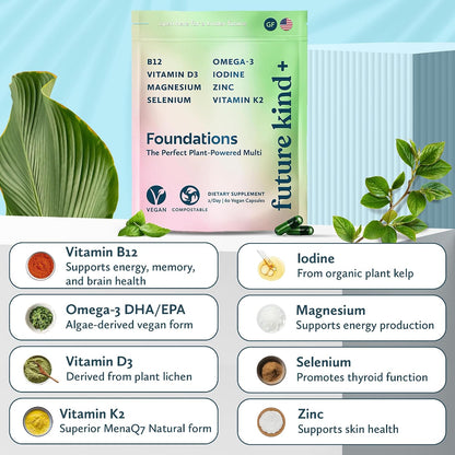 Future Kind Carrageenan-Free Foundations Multivitamin for Women & Men with Omega-3, B12, D3, Zinc, Iodine, Magnesium, K2 & Selenium, Vegan, Compostable Bag (60ct) - PrimeBioHealth - canada supplements