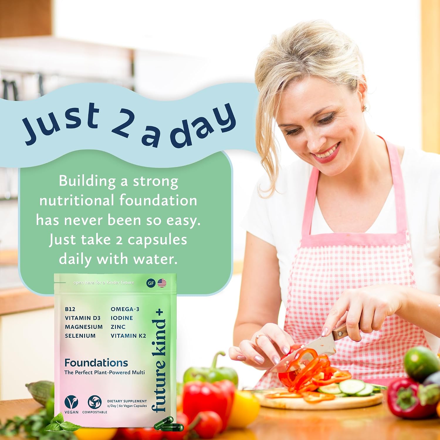 Future Kind Carrageenan-Free Foundations Multivitamin for Women & Men with Omega-3, B12, D3, Zinc, Iodine, Magnesium, K2 & Selenium, Vegan, Compostable Bag (60ct) - PrimeBioHealth - canada supplements