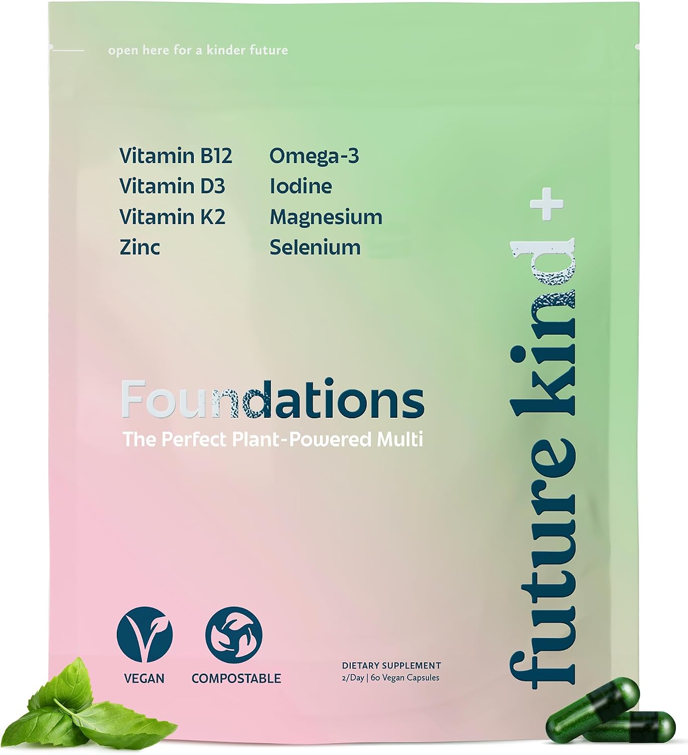 Future Kind Carrageenan-Free Foundations Multivitamin for Women & Men with Omega-3, B12, D3, Zinc, Iodine, Magnesium, K2 & Selenium, Vegan, Compostable Bag (60ct) - PrimeBioHealth - canada supplements