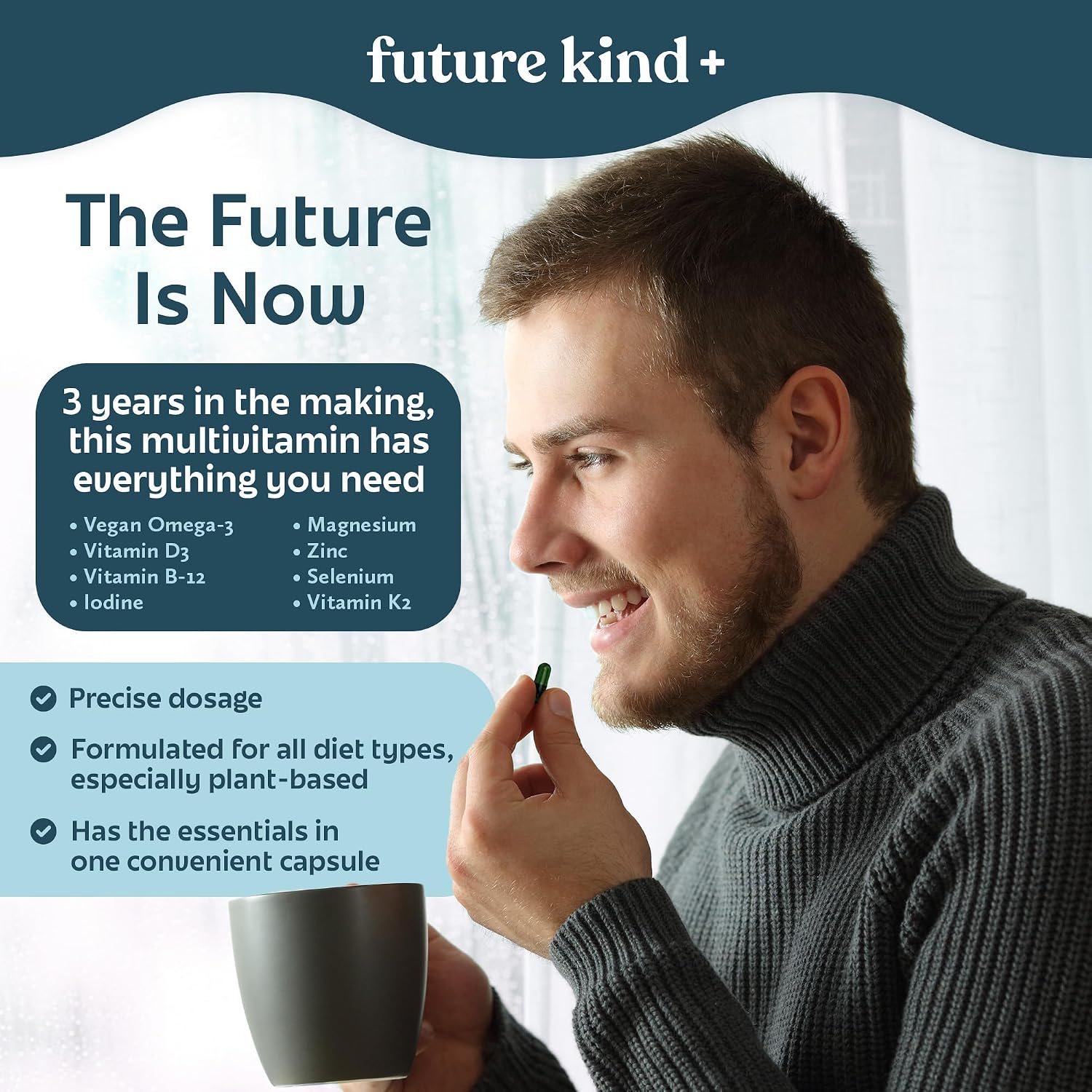 Future Kind Carrageenan-Free Foundations Multivitamin for Women & Men with Omega-3, B12, D3, Zinc, Iodine, Magnesium, K2 & Selenium, Vegan, Compostable Bag (60ct) - PrimeBioHealth - canada supplements