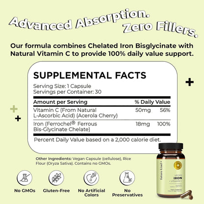 Future Kind Iron Supplement for Women and Men, Daily Energy & Focus, Chelated Iron Bisglycinate, 18mg 100% DV with Vitamin C for Absorption - Gentle on Stomach, Non-GMO Vegan Capsules, 30 Day Supply - PrimeBioHealth - canada supplements
