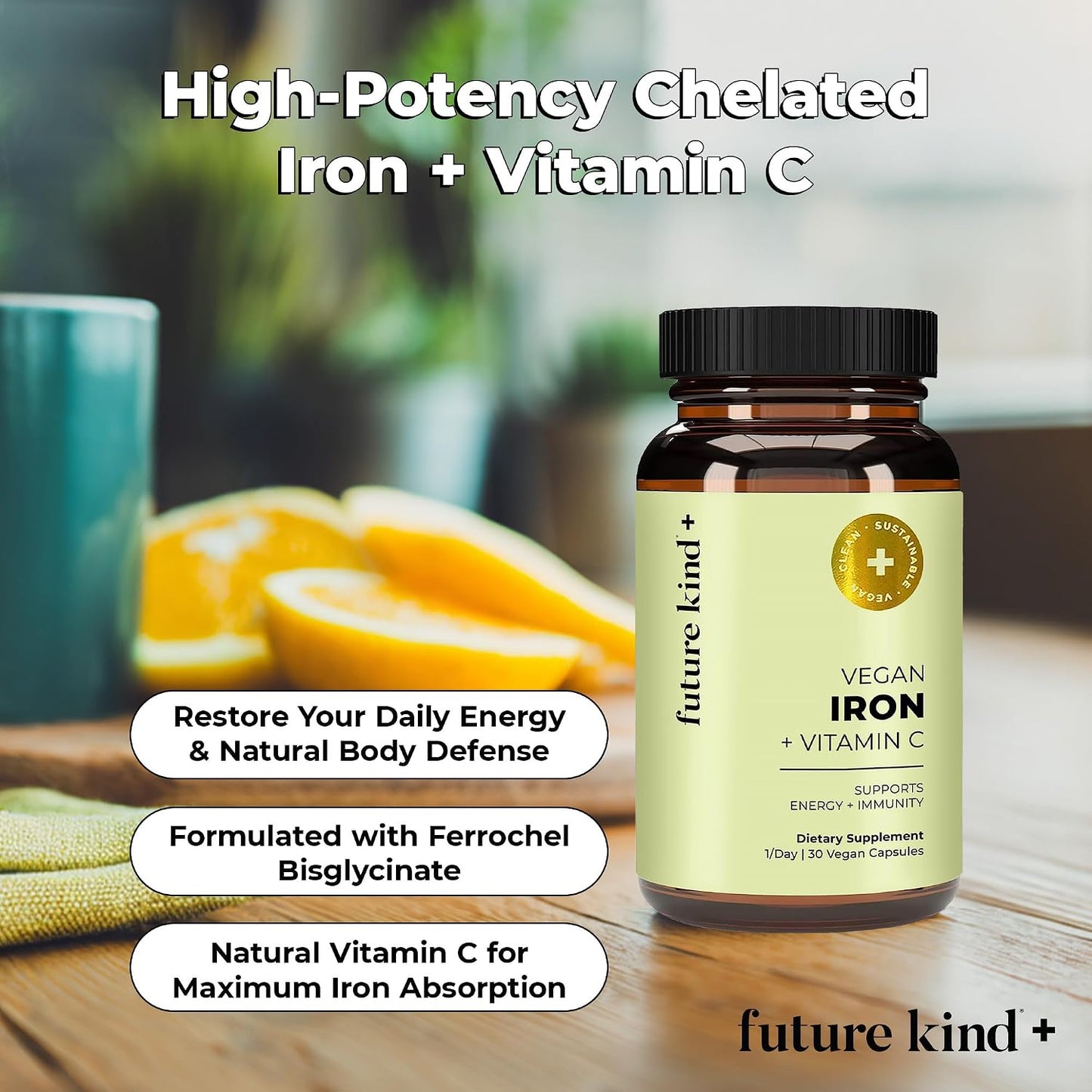 Future Kind Iron Supplement for Women and Men, Daily Energy & Focus, Chelated Iron Bisglycinate, 18mg 100% DV with Vitamin C for Absorption - Gentle on Stomach, Non-GMO Vegan Capsules, 30 Day Supply - PrimeBioHealth - canada supplements