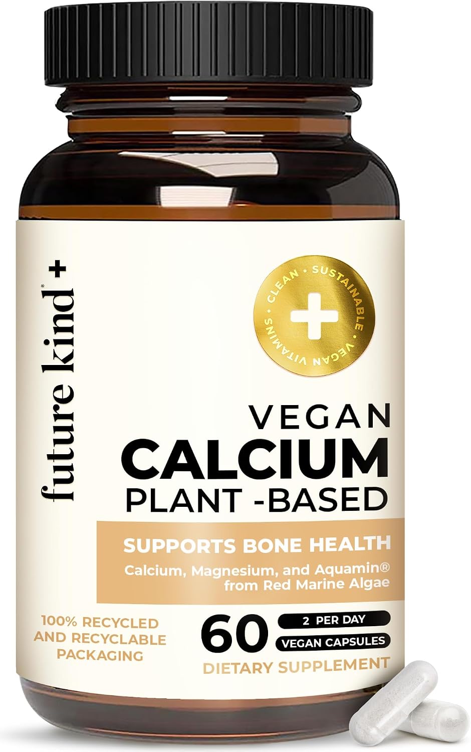 Future Kind Vegan Calcium Supplement - Plant-Based Calcium Magnesium Supplement Sourced from Iceland for Teeth & Bone Support (60 Capsules) - PrimeBioHealth - canada supplements