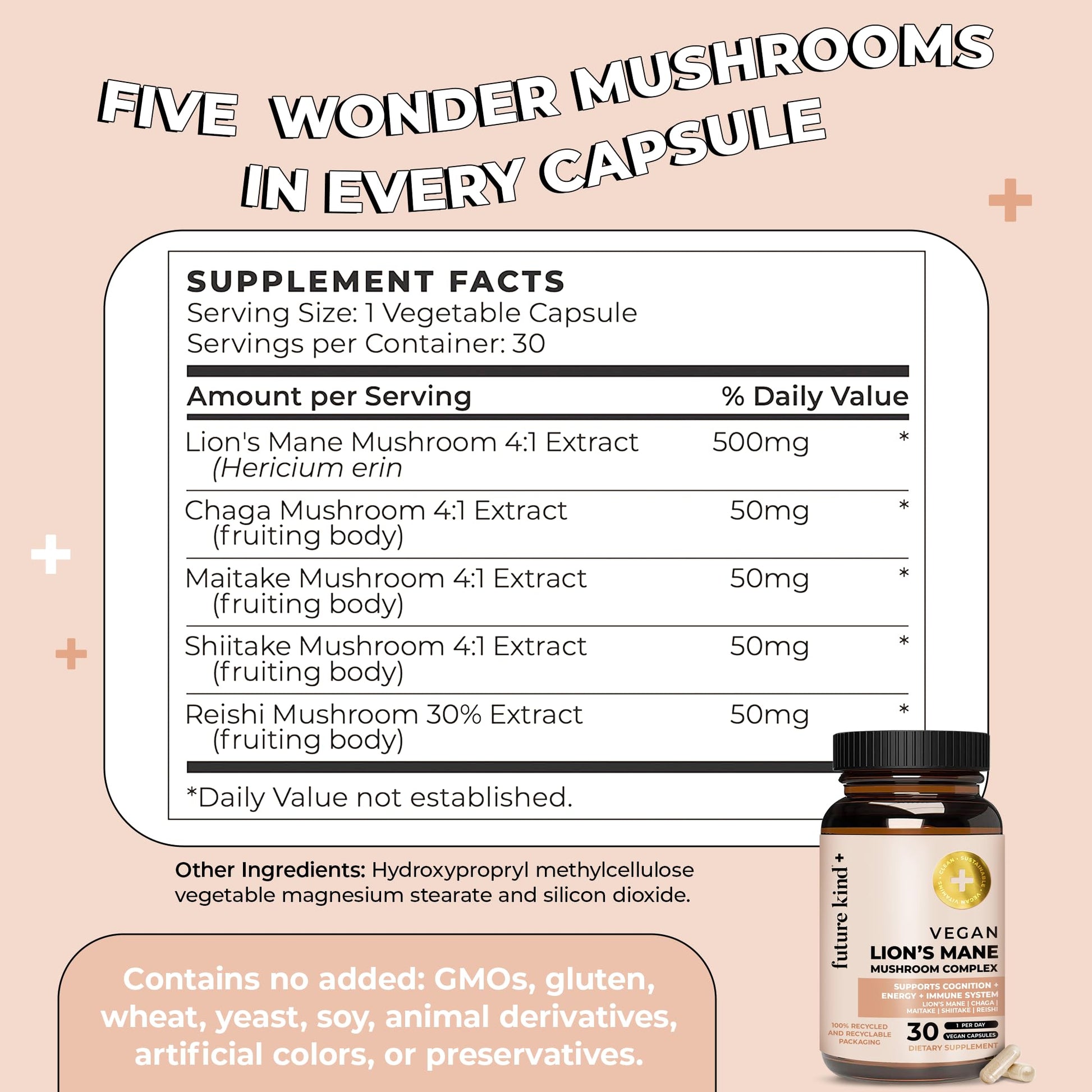 Future Kind Vegan Lion’s Mane Mushroom Complex - Brain Supplement with Chaga, Maitake, Shiitake, & Reishi, Supports Memory and Focus (30ct) - PrimeBioHealth - canada supplements