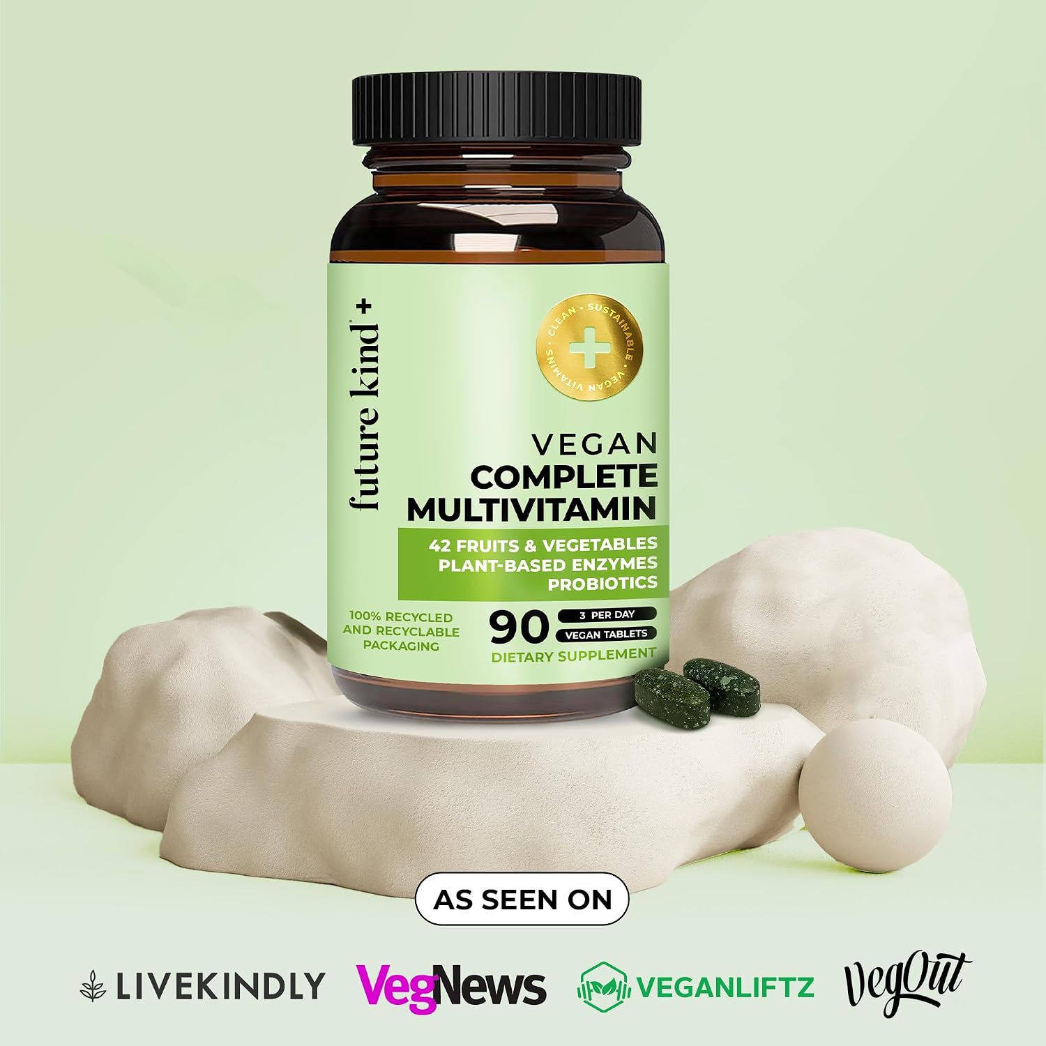 Future Kind Vegan Multivitamins Complete - 42-in-1 Vegan Multivitamins for Women & Men with Enzymes, B12, Zinc, & Probiotics for Digestion (90 tabs in Recycled Bottle) - PrimeBioHealth - canada supplements